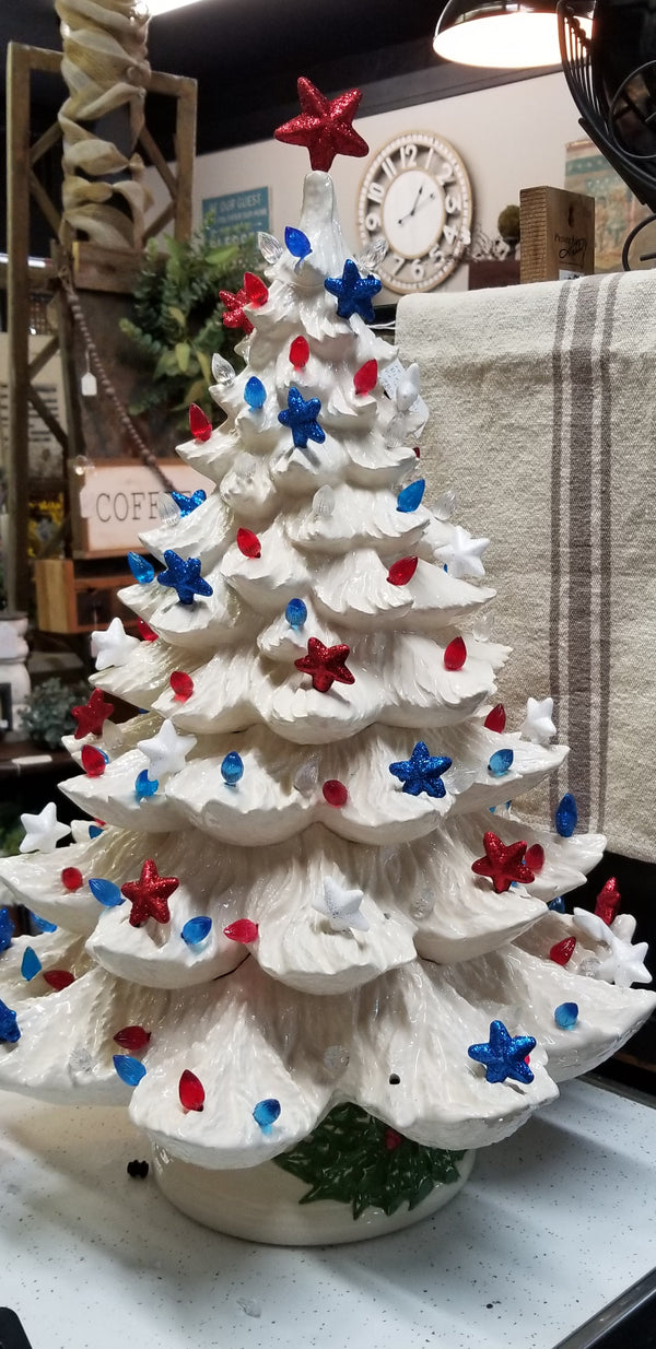 White Ceramic Christmas Tree with Clear Bulbs 11” tall