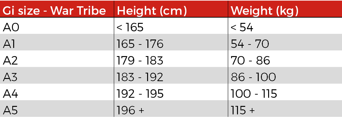 War Tribe Size Chart