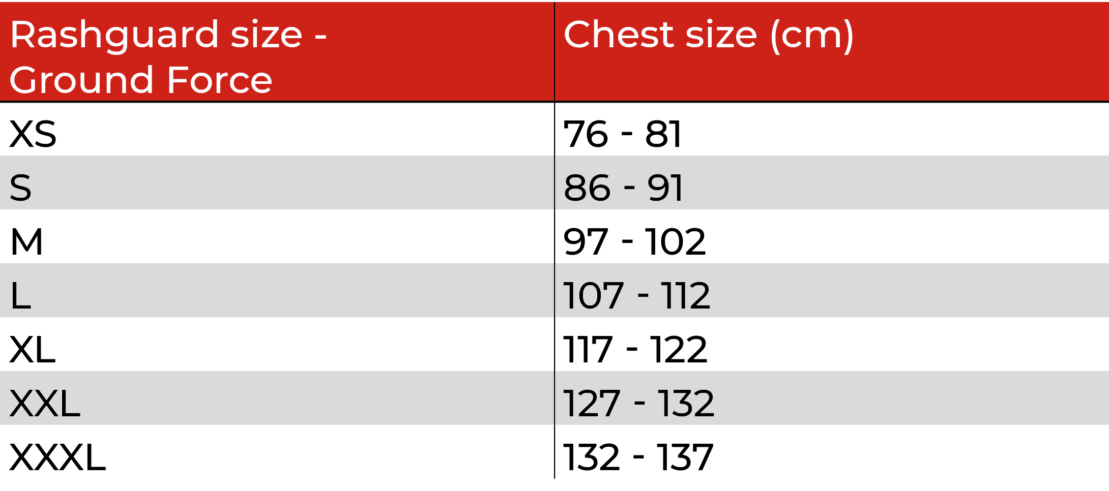 Ground Force rashguard sizechart