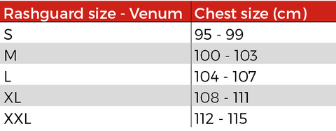 Venum Rashguard Size Chart