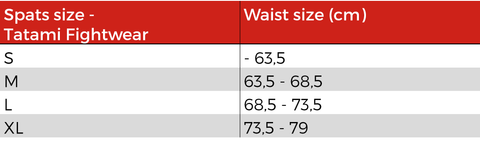 Tatami Women's spats sizechart