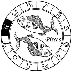 An illustration in black and white of a zodiac chart with a fish for Pisces in the middle