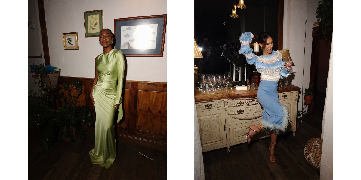 Edith Walker wearing the Lime Punch Maxi Dress  Isabella Charlotta wearing the Andreeva Feather-detailed knit midi skirt