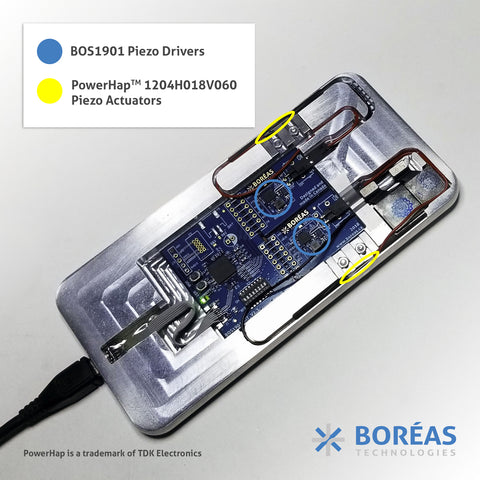 Boréas’ proof-of-concept buttonless smartphone, SmartClik, leverages TDK Electronics’ PowerHap 1204H018V060 piezo actuators