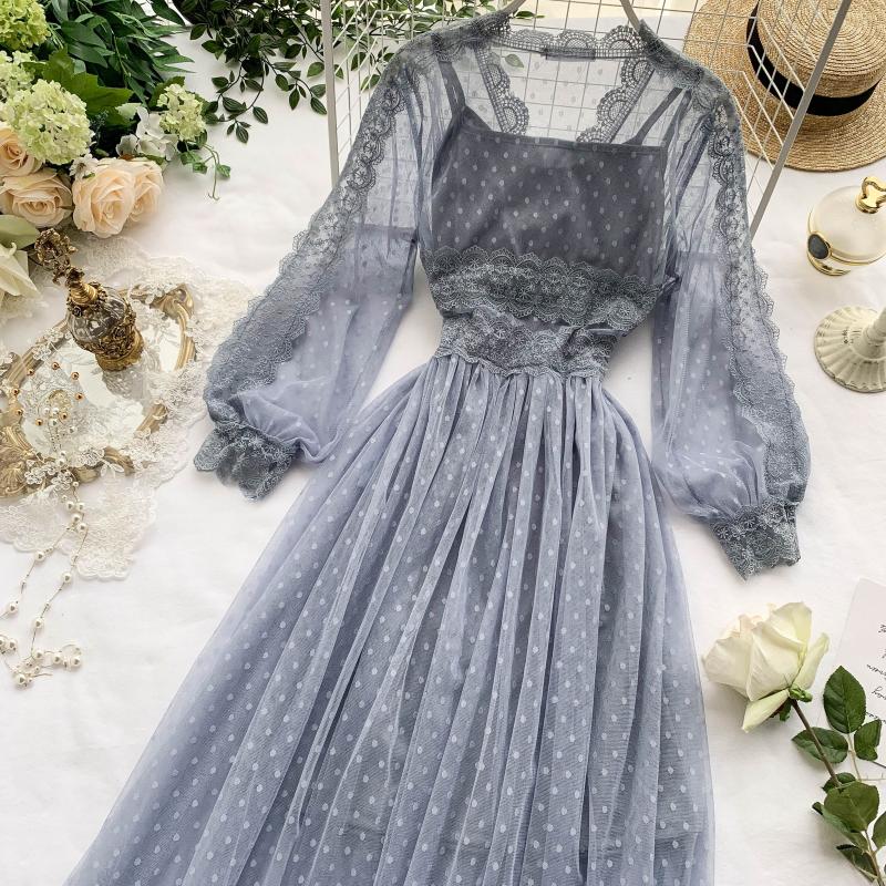 Midnight Vintage-Aesthetic Mesh Lace Fairy Dress- Soft Girl Aesthetic