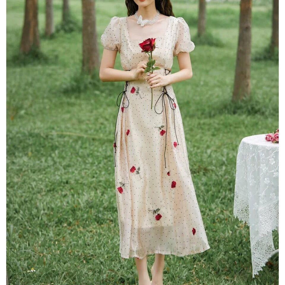 Rose Embroidered Summer Princess Dress Romantic Cottagecore Fashion