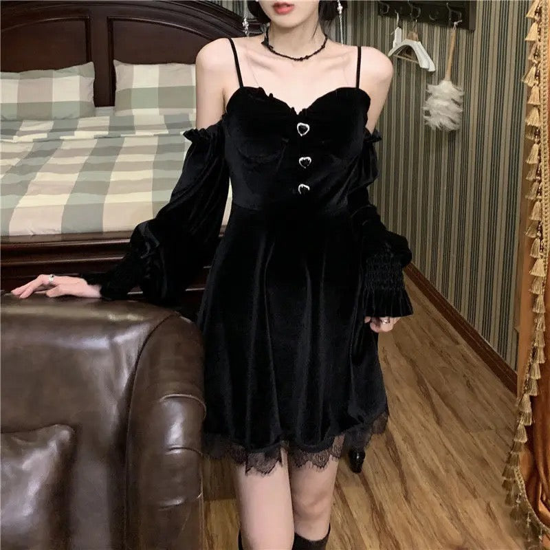 Black Velvet Lace Dark Witchy Academia Dress Witchcore Aesthetic