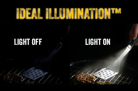 graphic showing an unlit grill and a grill being illuminated by a Grillight grilling tool