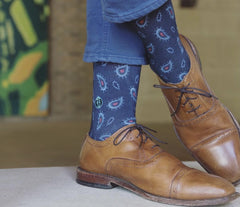 Blue paisley socks to wear with brown shoes