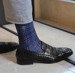 blue plaid socks to wear with black shoes