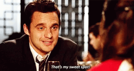 Nick Miller from the TV Show New Girl says "That's my sweet spot." while making finger guns at Jessica Day, the main character.