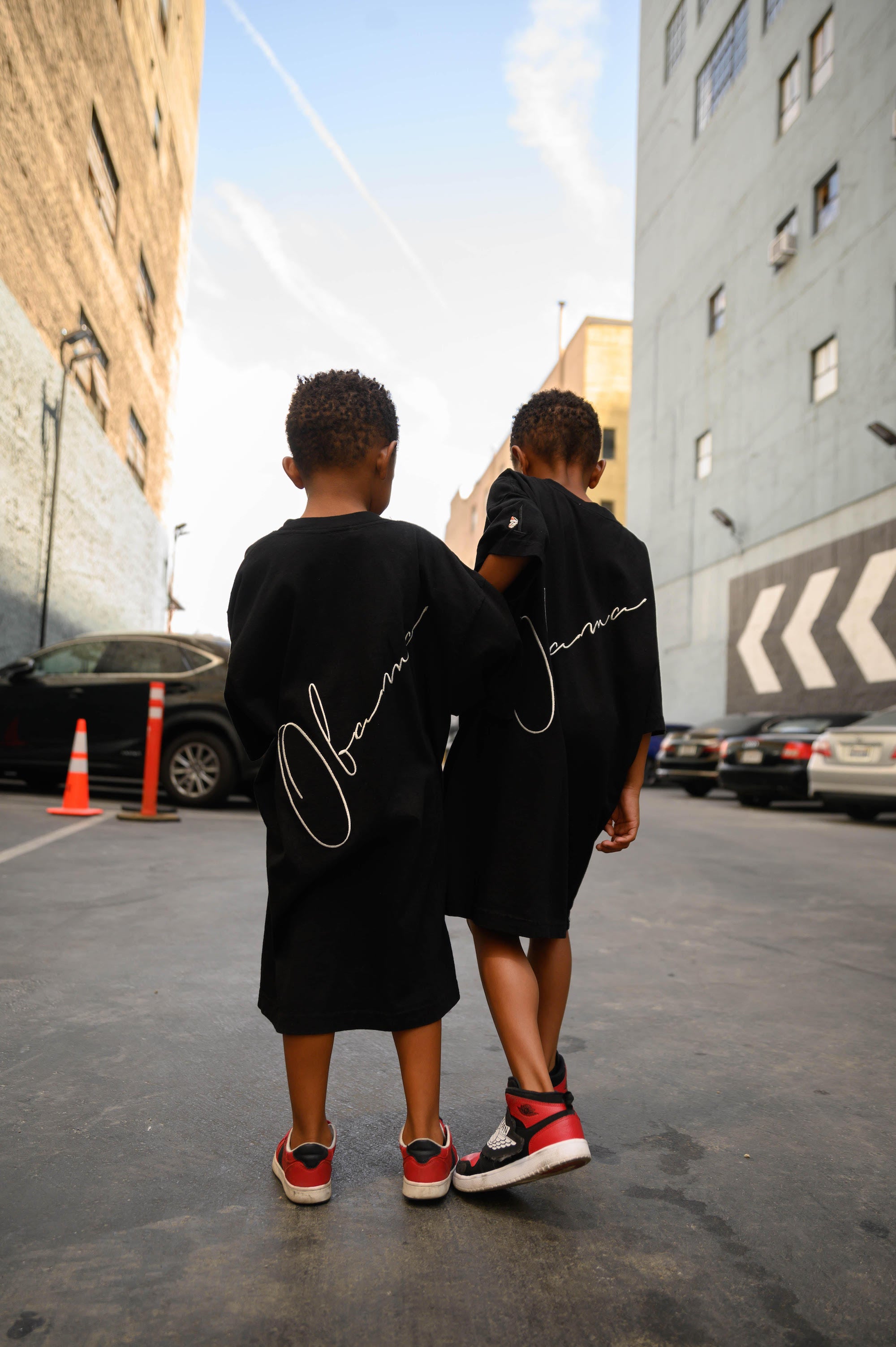 CUSTOM "CURSIVE BACK" CREWNECK TEE | BLACK, SALMON, CREAM and NAVY