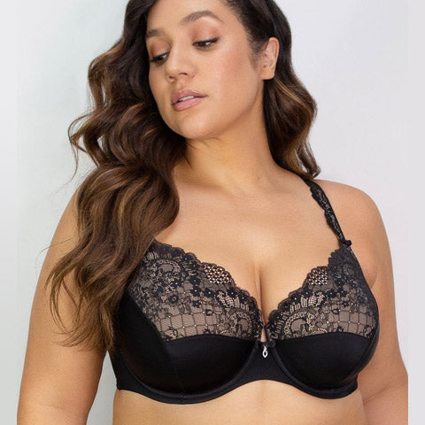 Plus Size - Black Mesh & Red Cherry Heart Embroidered Push-Up