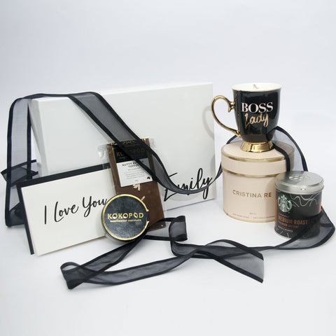 Christina Re Boss lady Coffee Cup Gift Box with Kokopod Chocolate and coffee and a personalised card