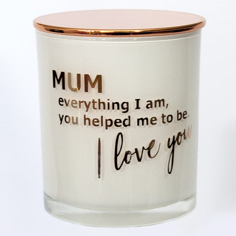 I love you Mum 100 percent soy candle rose gold text mothers day gift 2021