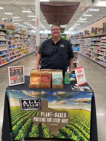 Brett sampling vegan jerky