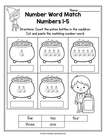 Halloween number word match for preschool