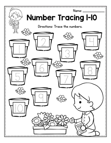 Number tracing 1-10 spring worksheet for preschool