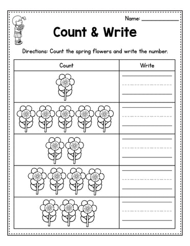Count & Write 1-5 spring worksheet for preschool