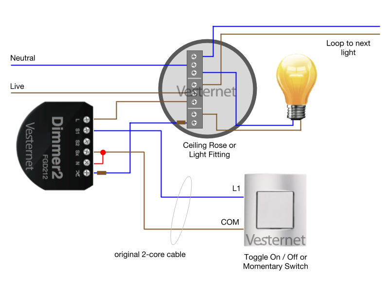 Cablaggio a 2 fili con dimmer 2 installato in soffitto