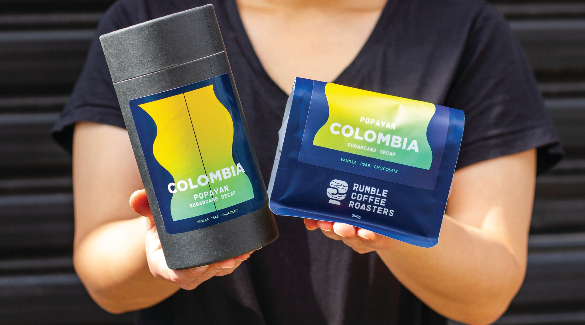 Bag and Canister of Rumble Coffee Roasters Colombia Popayan Ethyl Acetate Decaf