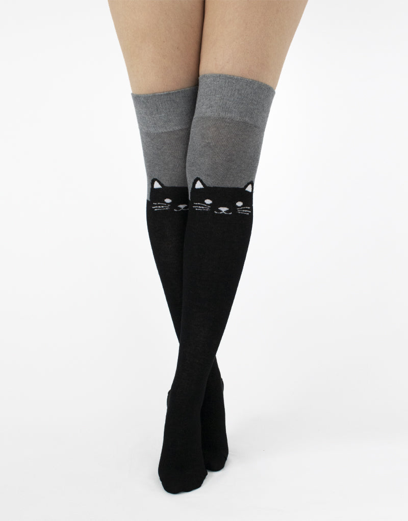 Cat Over The Knee Sock Black/Grey - Pamela Mann