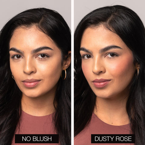 Picture of a medium tan skintoned model wearing Palladio Liquid Blush in shade Dusty Rose (LIB04)