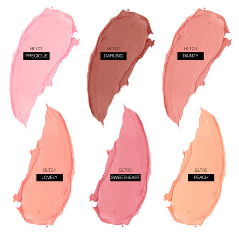 Creamy swatches of all 6 shades of Palladio's I'm Blushing 2-in-1 Cheek & Lip Tints