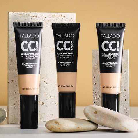 Palladio CC Cream product images with 3 products with a stone background