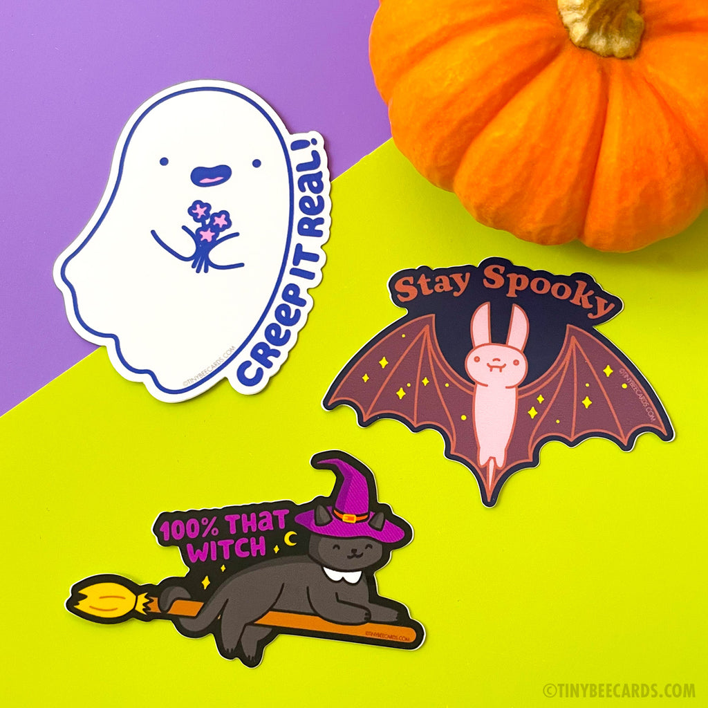 Spooky ghost, cat, and bat vinyl stickers