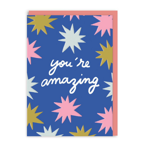 farewell greeting card for the boss that reads 'you're amazing' on a blue background and star shapes. Pink envelope. 