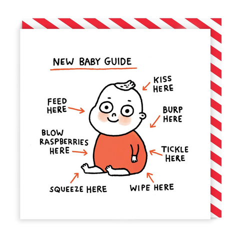 maternity leave card. a white card with a baby illustration with the words 'New baby guide'. Several arrows point towards the baby with instructions: feed here, blow raspberries here, squeeze here, wipe here, tickle here, burp here, kiss here.