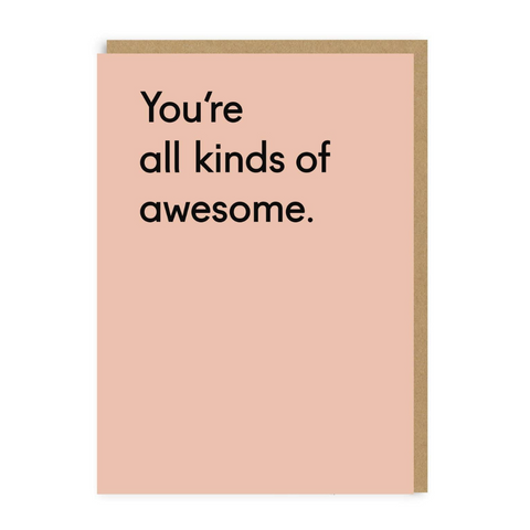 farewell greeting card for employee with the text 'You're all kinds of awesome.' on a peach background