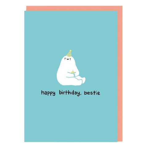 happy birthday card with the wording 'happy birthday bestie' on a blue background with a smiley character with a birthday hat on
