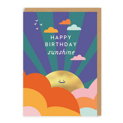 happy birthday sunshine card featuring a smiley sun and clouds