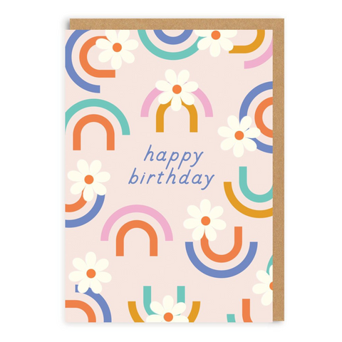 birthday card with the message 'happy birthday' showing a flower and rainbow design