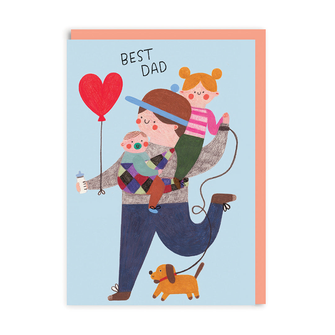 Father’s Day Cute Best Dad with Kids and Dog Greeting Card