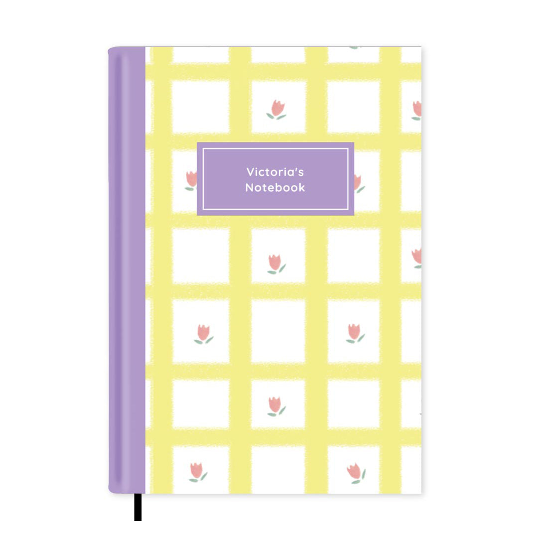 Yellow Checked Flowers Personalised Notebook A5, Hard Cover / Dotted