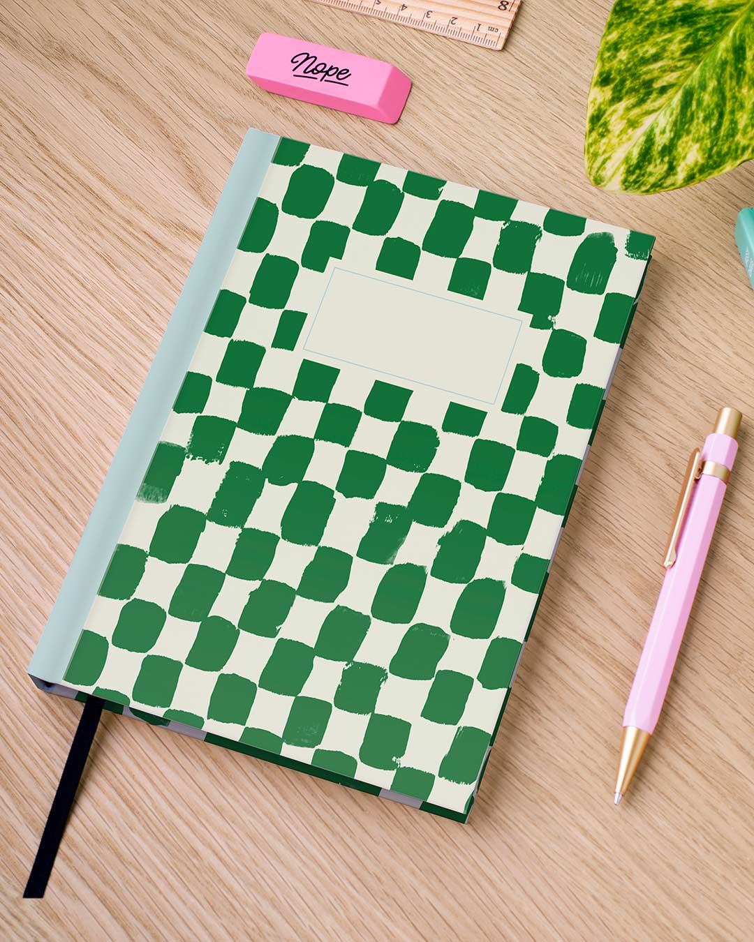 Painted Check Green and Cream Personalised Notebook, Hard Cover / Dotted