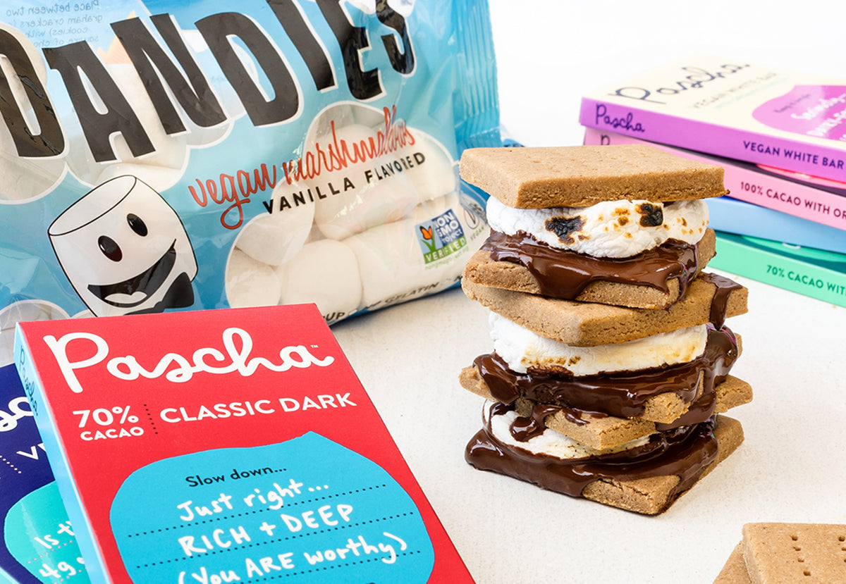 Triple Decker S'more with melting chocolate and toasted marshmallows surrounded by a Dandies Marshmallows bag and a variety of Pascha Chocolate Bars