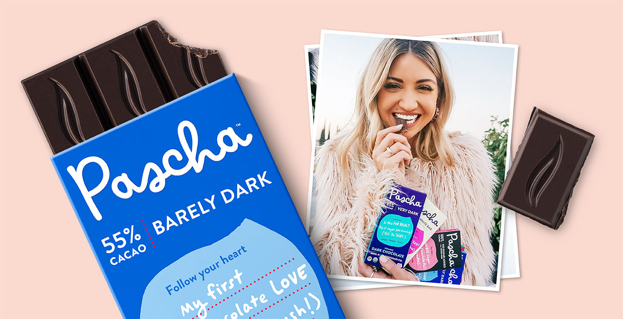 Pascha's 55% Cocoa Dark Chocolate Bar with chocolate coming out the top. Alongside a photo of a happy, blonde, woman holding a selection of Pascha Dark Chocolate Bars.