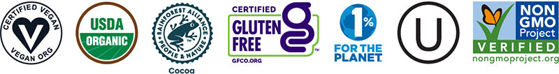 Pascha Chocolate Certifications: Vegan, USDA Organic, Rainforest Alliance Cocoa, Gluten-Free, 1% for the Planet, Kosher