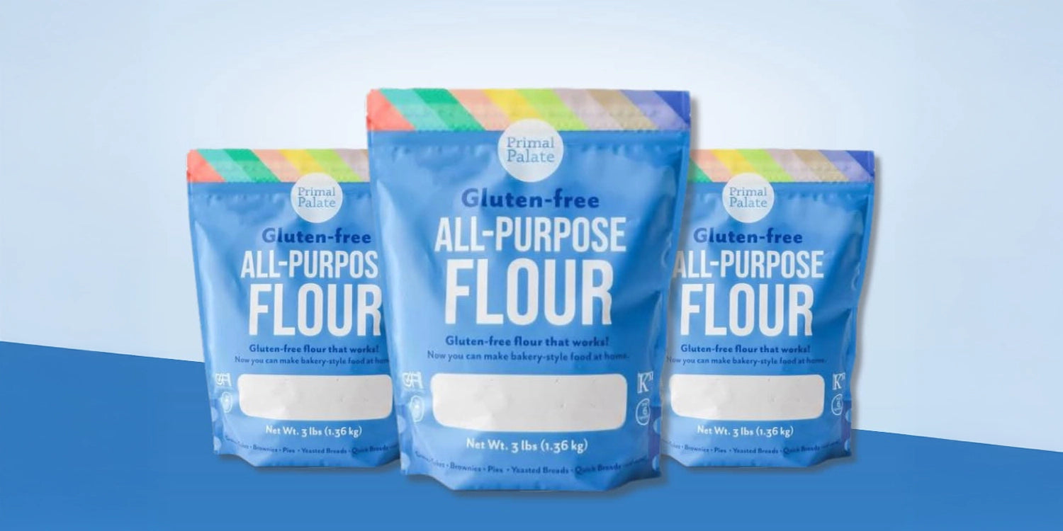 3 bags of Primal Palate Gluten Free flour on a blue background
