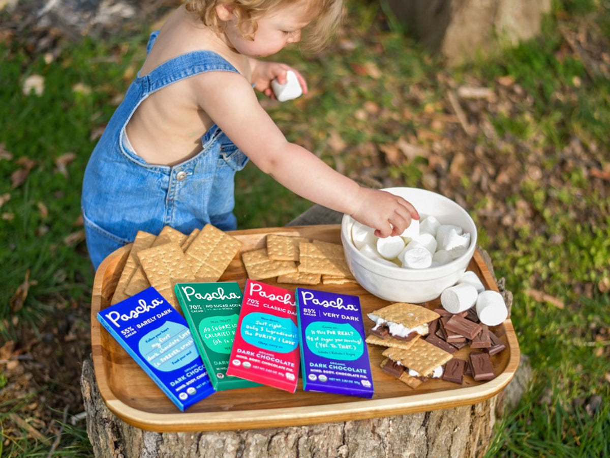 Tray full of graham crackers, large selection of Pascha Dark Chocolate Bars and a bowl of Marshmallows. A little girl is taking a marshmallow out of the bowl.