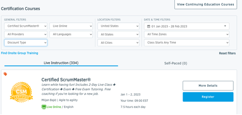 Certified Scrum Master Course selection tool with virtual delivery any provider no discount all languages in 2023