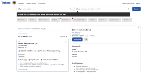 Indeed job search for Scrum Master results