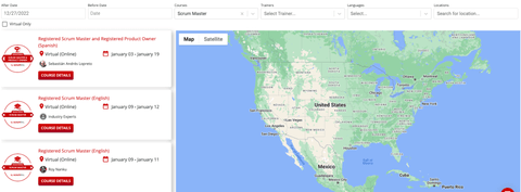 Registered Scrum Master R course selection tool from Scrum Inc for finding a registered scrum master course