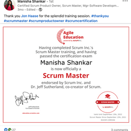 LinkedIn posts from Scrum Master student who completed their training