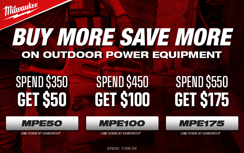 Save $50 OFF $350, $100 OFF $450, and $175 OFF $550 on Select Milwaukee items using codes MPE50, MPE100, and MPE157 respectively