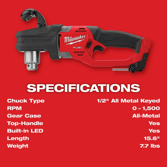 Milwaukee 2807-20 M18 FUEL 18V 12' HOLE HAWG Right Angle Drill -Bare Tool
